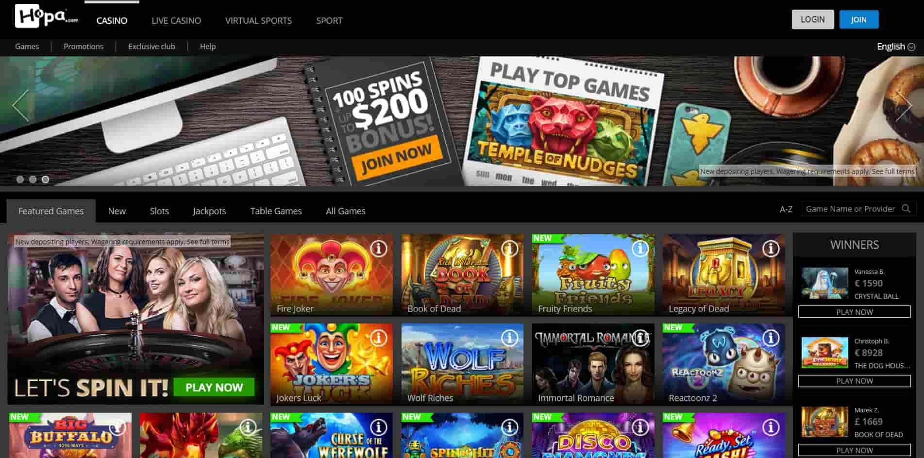 Hopa casino homepage